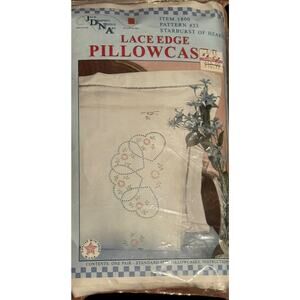 Needlework Kit Stamped Lace Edge Standard Pillowcases Starburst Of Hearts NEW